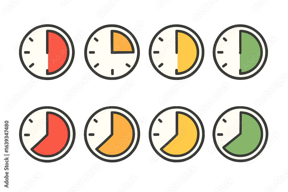 Poster Varied clock illustrations showing different times in a colorful and minimalistic design style