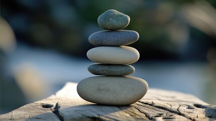 Small stack of smooth stones in inverted pyramid shape on weathered wood by the coast.