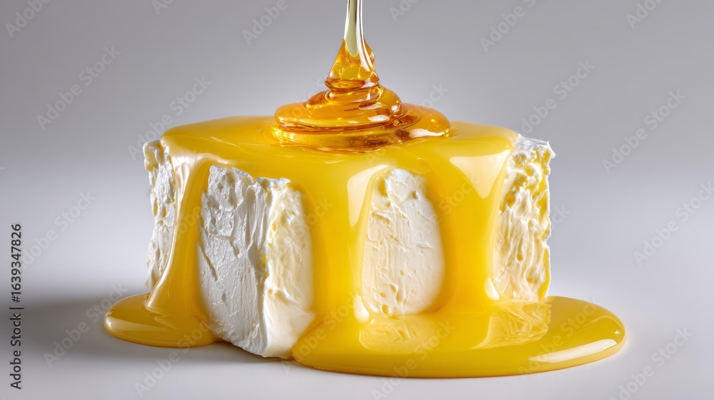 Poster slice of white cake with a drizzle of honey on top. the honey is dripping down the side of the cake,