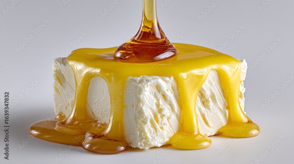 Poster slice of cheesecake with a drizzle of honey on top. the honey is dripping down the side of the cake,