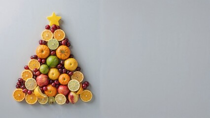 Festive season design with fruit pieces arranged as a holiday tree against a gray backdrop