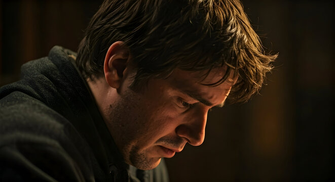 A man with a contemplative expression looks down in dramatic low light. Ideal for conveying deep thought reflection or emotional intensity in storytelling visuals.