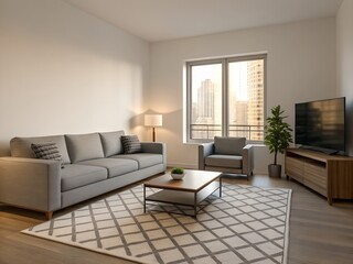 Modern Apartment Living Room with Gray Sofa and City View