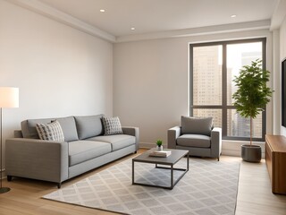 Fototapeta premium Modern Apartment Living Room with Grey Sofa and City View
