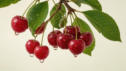 Water-Drenched Cherries on Branch