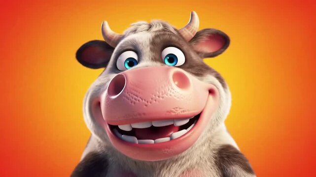Joyful animated cow with eyes closed and a big smile, radiating happiness and contentment against a vibrant orange background.