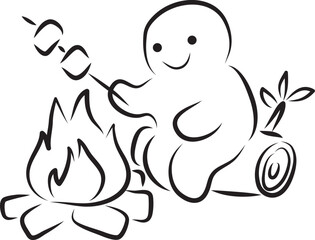 Smiling funny man sitting near fire and cooking marshmallows on stick, hand drawn with a black brush with curved contours