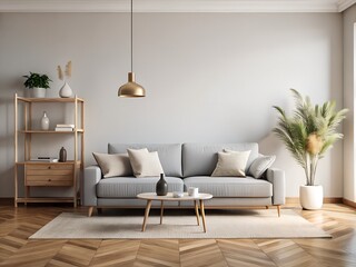 Modern Minimalist Living Room Interior Design with Grey Sofa and Wooden Floor