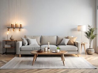 Modern Minimalist Living Room Interior with Beige Sofa and Wooden Coffee Table
