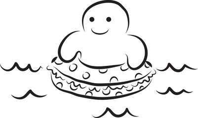 Smiling funny man sitting in inflatable ring and swimming in water, hand drawn with a black brush with curved contours