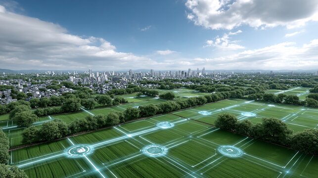 A panoramic view of a lush green landscape interspersed with digital overlays, showcasing the synergy between nature and technology.