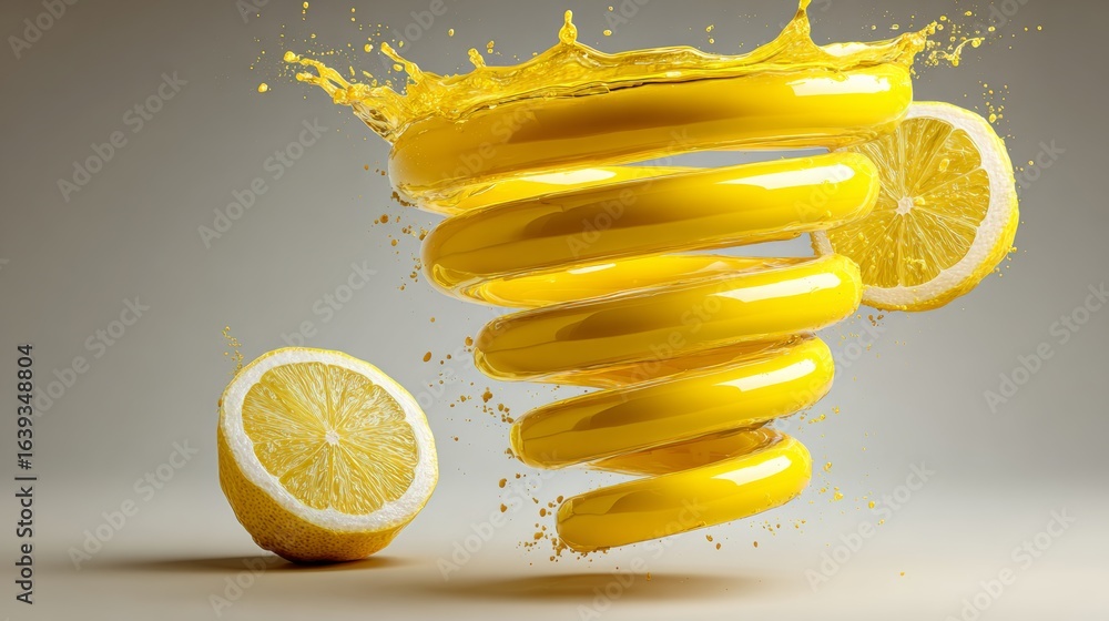 Poster yellow spiral with a lemon on top and a lemon slice on the bottom. the spiral is surrounded by a spl