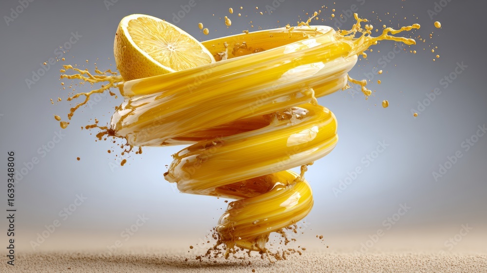 Poster yellow liquid with a lemon slice in it is swirling around. the image has a playful and fun mood, as 
