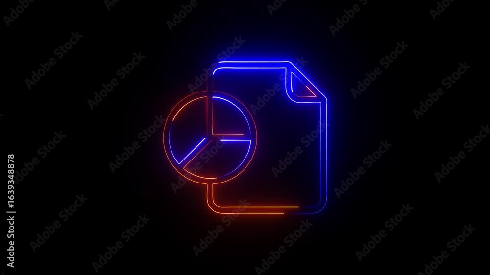 Poster neon data report icon with document outline representing analytics, statistics, and business reports