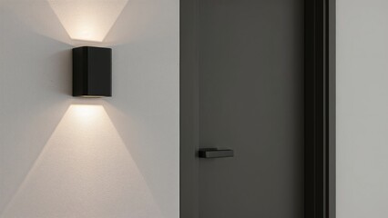 Stylish and contemporary residential interior showing minimalist light switches on textured white walls close to a door with black metal handle