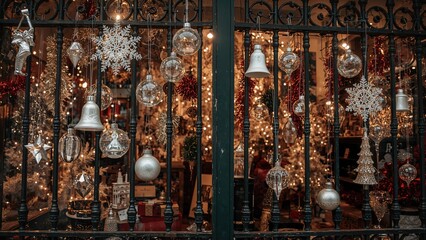 Holiday decorations suspended in a storefront window featuring an iron grille
