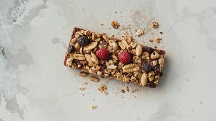 Nut and berry granola bar on a white stone surface, a healthy snack option.