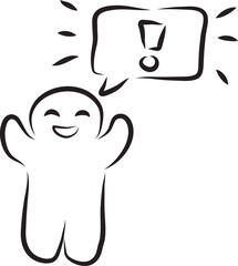 Smiling happy funny man standing with speech bubble with exclamation mark, hand drawn with a black brush with curved contours