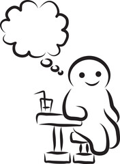 Funny smiling man with thought cloud sitting at table with glass of drink, hand drawn with a black brush with curved contours