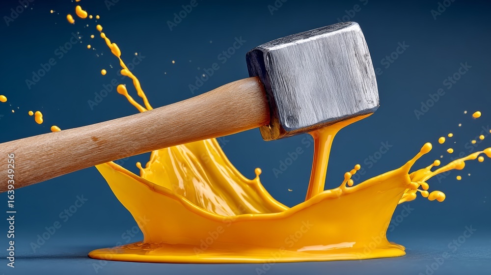 Poster hammer is in the middle of a splash of yellow paint. the splash is large and the hammer is in the mi