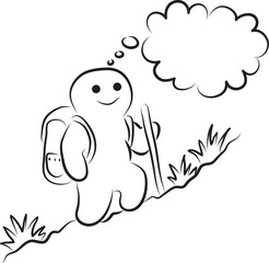 Funny happy smiling man with thought cloud climbing mountain, man hiking with backpack, hand drawn with a black brush with curved contours