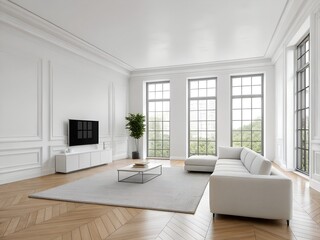 Fototapeta premium Modern White Living Room with Large Windows and Parquet Floor