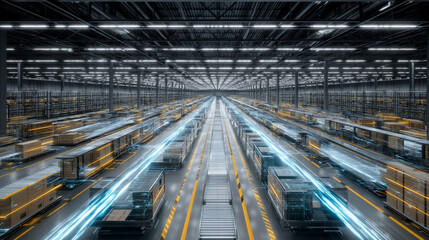A stunning, wide-angle shot of a smart warehouse where automated robots are moving products around, all orchestrated by a glowing, central AI brain. --ar 16:9