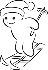 Funny smiling man in a hat skiing, hand drawn with a black brush with curved contours