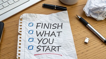 Motivational Note on Crumpled Paper with Writing Tools and Desk Setup