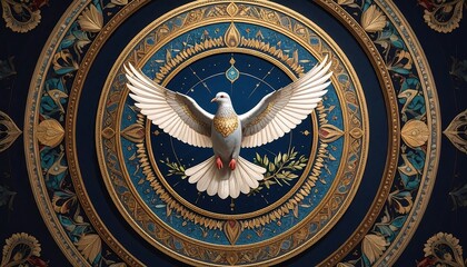 Obraz premium Sacred white dove of peace on an ornate blue and gold medallion