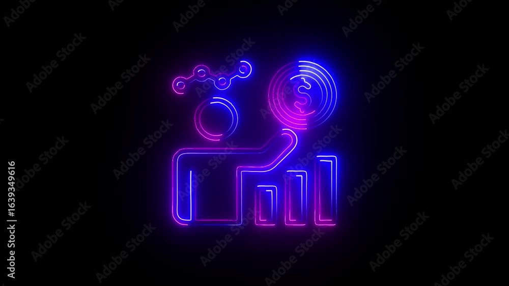 Poster neon data analytics icon with person, bar graph, network nodes, and globe representing digital strat