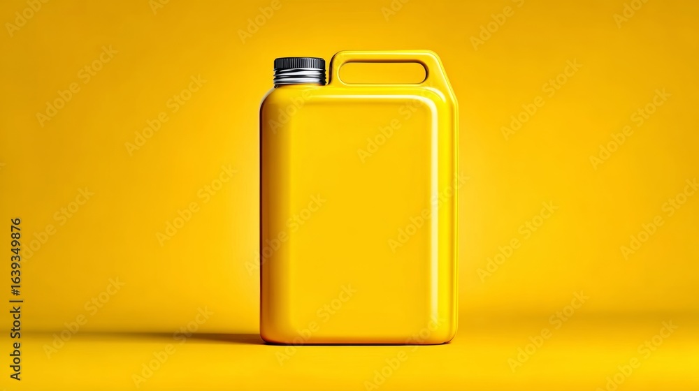 Poster yellow container with a silver lid sits on a yellow background. the container is empty and has a sil
