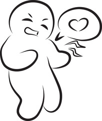 Funny suffering man experiencing sharp pain in his heart, hand drawn with a black brush with curved contours