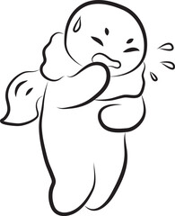 Funny coughing man with thick scarf around neck is sick, hand drawn with a black brush with curved contours