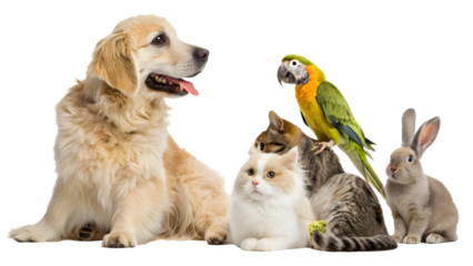 Cute group of pets isolated on white background, domestic animals.
