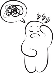 Funny suffering man with headache and confusion, speech bubble with tangled lines nearby, hand drawn with a black brush with curved contours