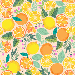 Cute Kawaii Printable Seamless Pattern, Lemon Orange Fruit Fresh, Digital Paper PNG Illustration for Small Business
