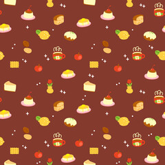 Cute Kawaii Printable Seamless Pattern, Breakfast Food Cake Coffee, Digital Paper PNG Illustration for Small Business