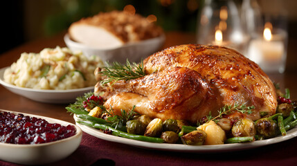 Roast Turkey Dinner with Vegetables and Traditional Side Dishes for Holiday Celebration