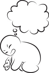 Funny suffering man vomits and stands on all fours with a cloud of thoughts, hand drawn with a black brush with curved contours
