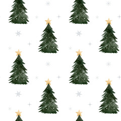 Watercolor seamless pattern with decorated christmas trees. Hand drawn xmas winter backgrounds.