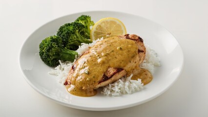 Chicken accompanied by mustard sauce, steamed rice, and broccoli on a plate