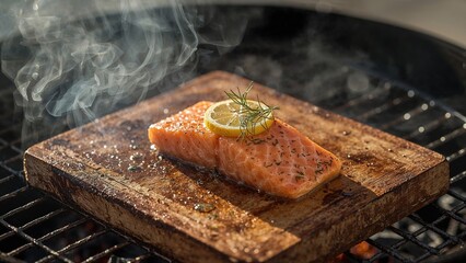 Salmon fillet cooked on cedar plank with lemon and dill