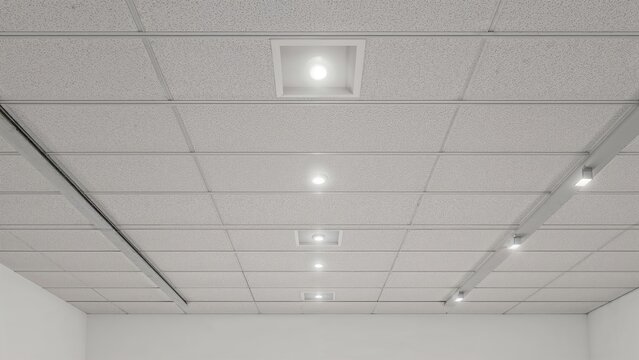 Overhead view of empty room featuring drywall setup with square halogen spotlights and suspended cassette ceiling
