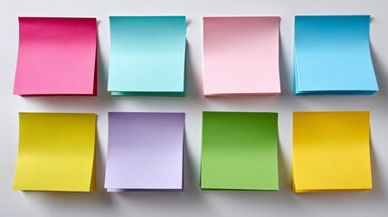 Stack of colorful sticky notes are arranged in a row. The colors include pink, blue, yellow, green, and purple. The arrangement of the notes creates a visually appealing and organized display