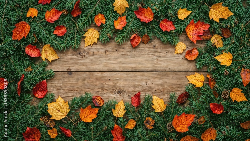 Poster overhead perspective of evergreen twigs and fall foliage arranged flat with open area.