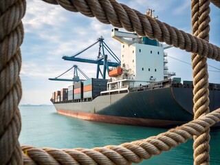 Container Ship at Port Viewed Through Nautical Rope