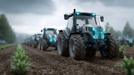 Fototapeta premium A futuristic fleet of tractors working on a farm field, showcasing modern technology in agriculture under cloudy skies.