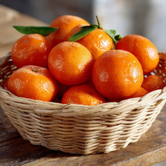 Basket of fresh oranges with green leaves on rustic table.
