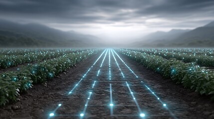 A futuristic farm landscape featuring digital pathways, symbolizing the integration of technology in agriculture amidst a cloudy backdrop.